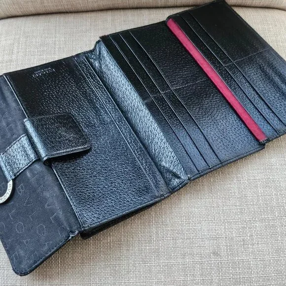 BVLGARI Clutch Long Wallet Card Holder Black Leather/Canvas Bag Purse Made Italy - Picture 13 of 14